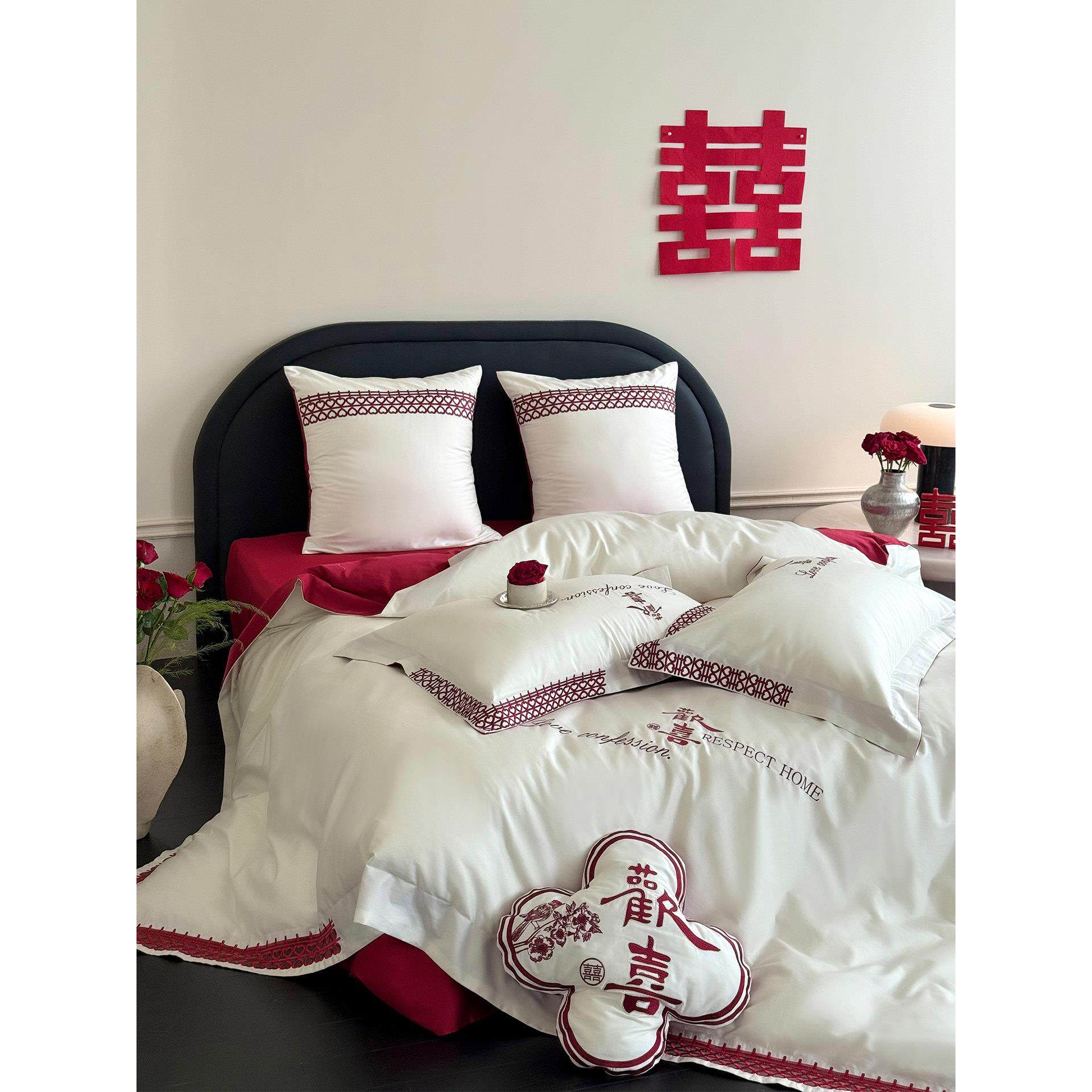 国风欢喜镂空刺绣婚庆四件套全棉100S长绒棉结婚被套红色床单床笠