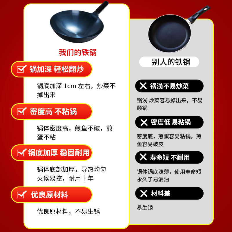 精选熟铁老式铁锅家用无油烟炒锅不生锈无涂层加厚中式不粘锅炒菜