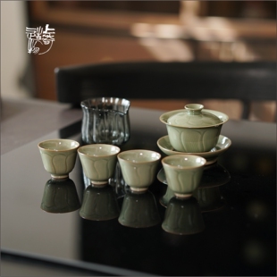 上奇造物｜耀州窑荷花瓣元宝型三才盖碗四杯套组茶具茶器