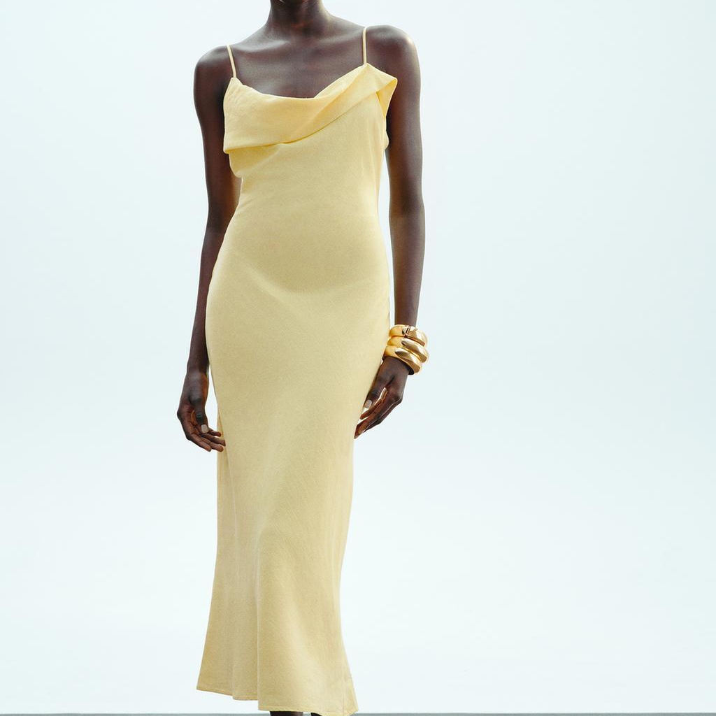 暖黄柠檬亚麻吊带连衣裙