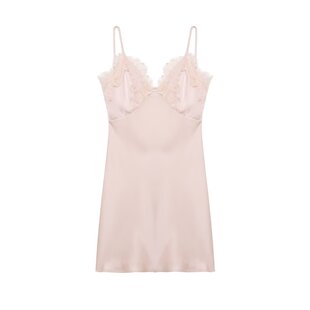 2025年冬季新品女装纯欲风粉红色V领丝绸质感蕾丝拼接短款连衣裙