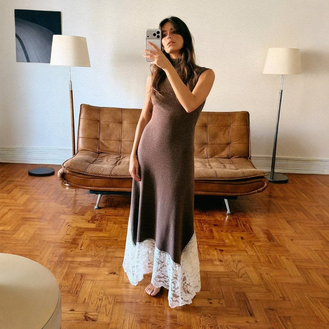 气质风半高领无袖蕾丝拼接连衣裙