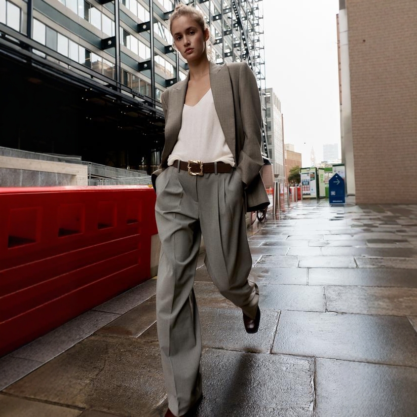 纯色高腰宽松腰带职阔腿直筒裤女