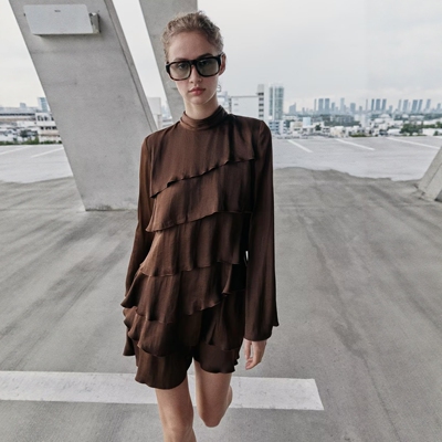 长袖荷叶边分层设计咖色气质裙女