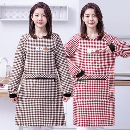 工作服长款围裙家用厨房时尚女罩棉布袖小熊带长袖格子衣干做饭活