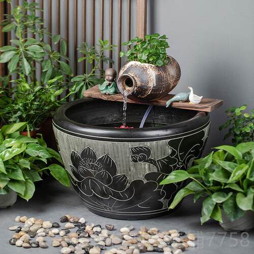 新品大型瓷流水喷泉鱼缸罐水循环台造景古法鱼缸客厅阳落地大陶水