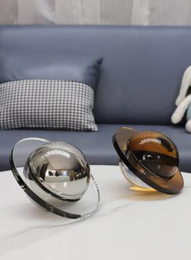 简约现代银色茶色水晶飞碟装饰球摆件创意书房样板房桌面摆设