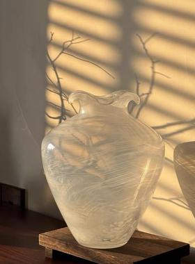 2025新款白色宋代美学白色侘寂风玻璃花瓶高级感小众摆件桌面花瓶