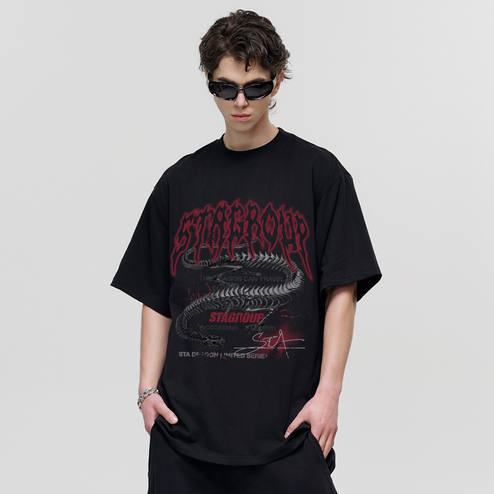 STA国潮牌字母骨龙短袖t恤男女