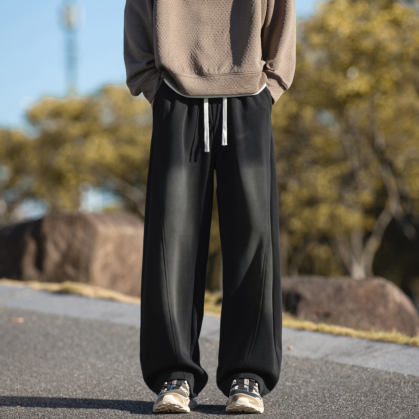 STA秋季美式潮流宽松直筒休闲裤男黑色抽绳长裤垂感青少年百搭裤,男装,休闲裤,淘宝优惠券,粉丝福利购,淘宝优惠卷