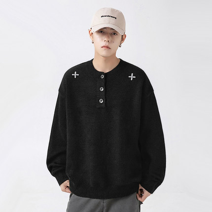 STA秋冬新款老钱风黑色亨利领针织衫男款十字架装饰套头休闲毛衣