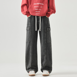 宽松直筒多口袋水洗抽绳休闲牛仔裤 男长裤 复古灰工装 STA美式