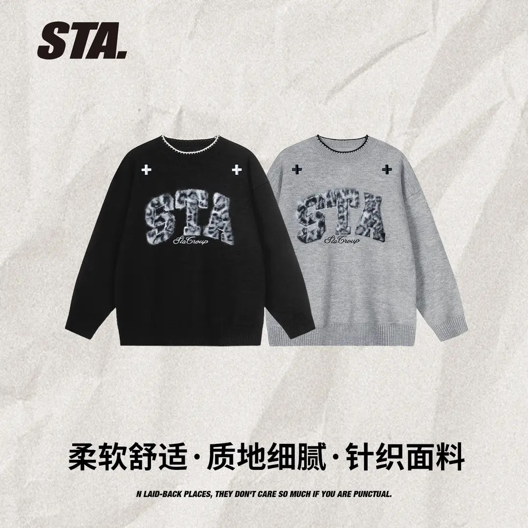 STA美式潮牌圆领毛衣针织衫百搭