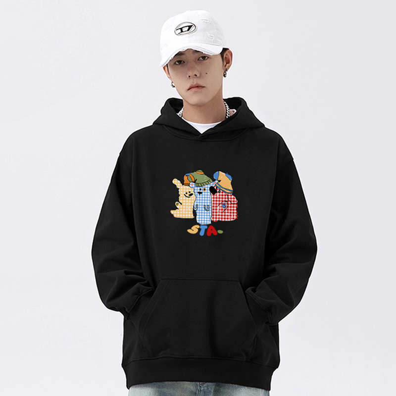 STA卡通网格小狗印花连帽卫衣