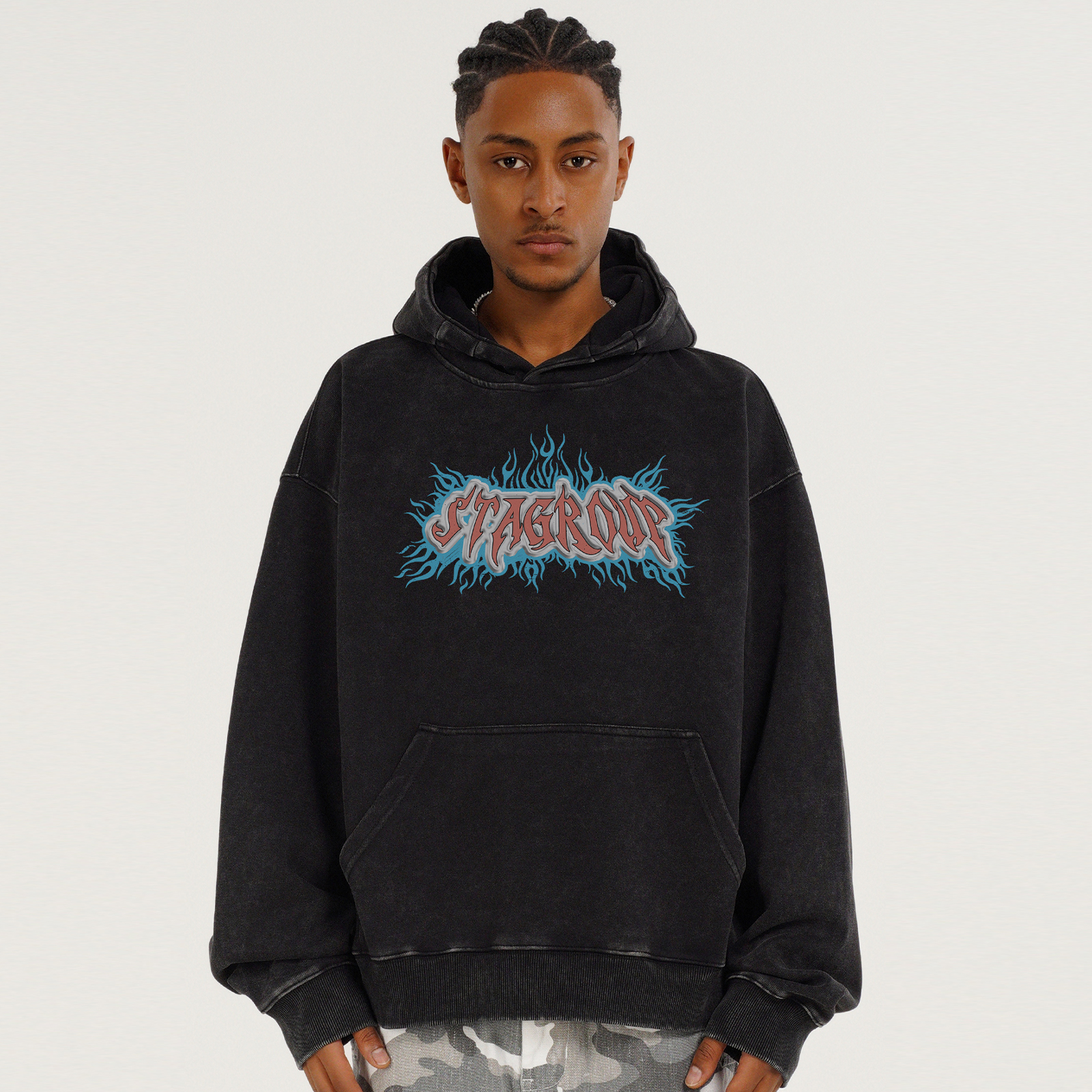 STA电击字母标语水洗连帽卫衣