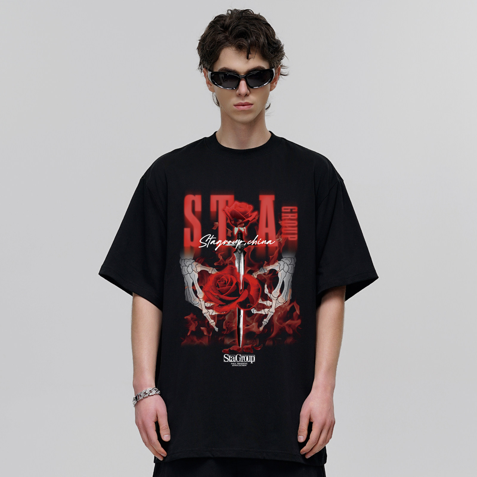 STA国潮牌剑与玫瑰短袖t恤男女