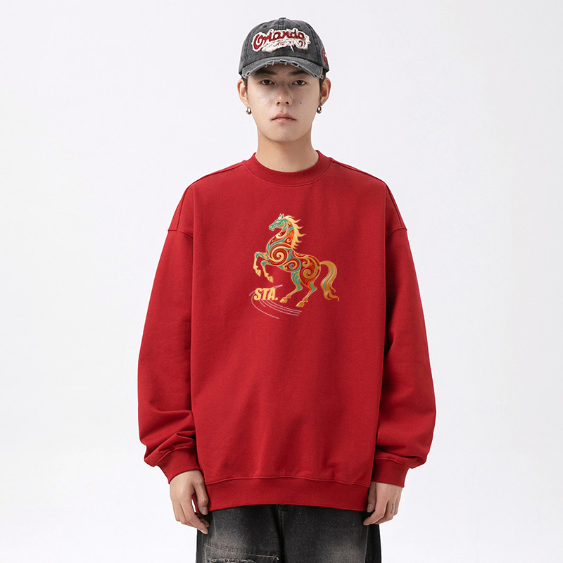 STA马年本命年红加绒圆领卫衣