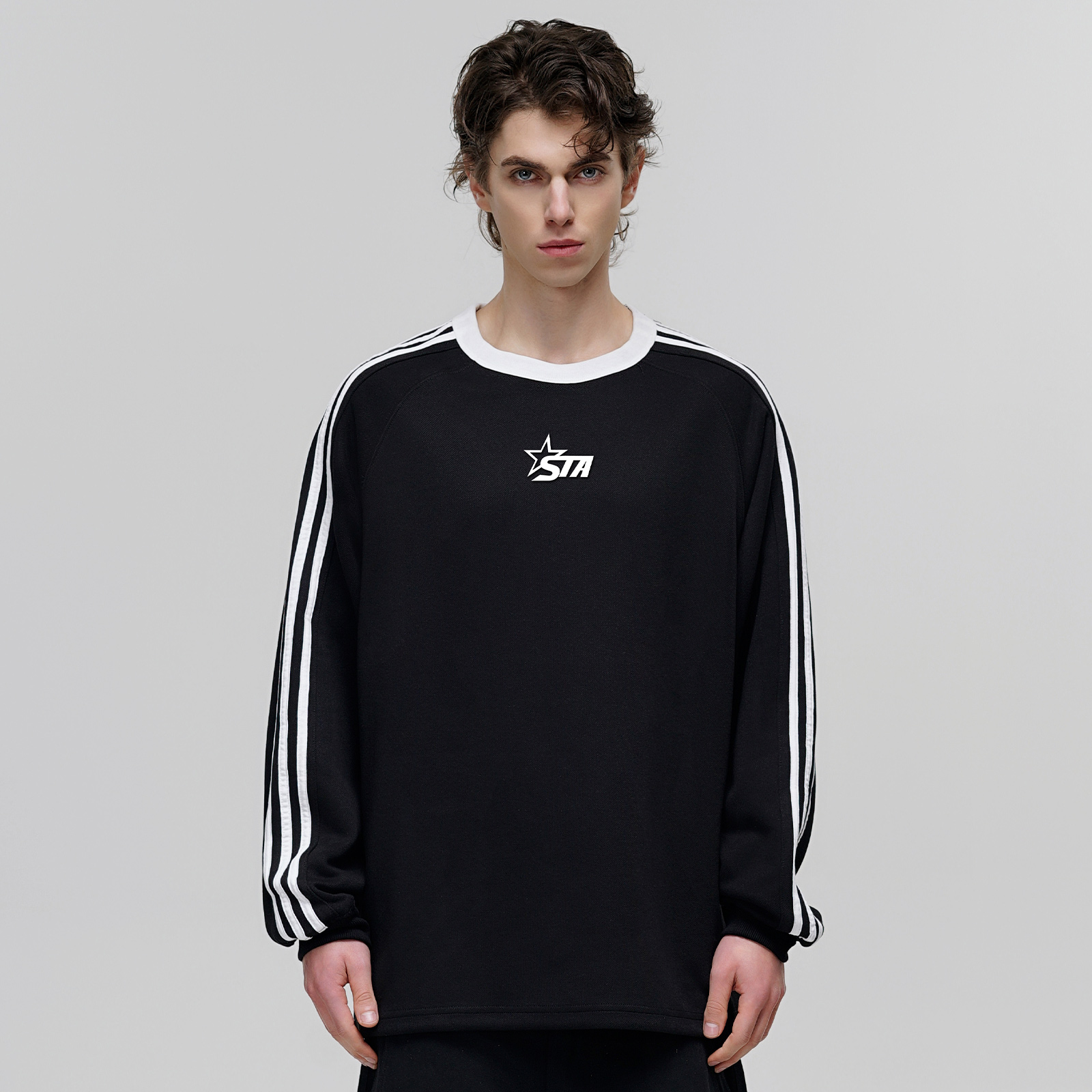 STA三杠圆领条纹长袖T恤男女款