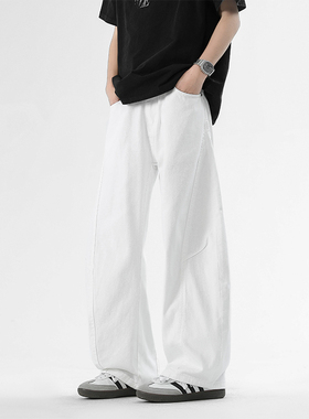 STA美式高街牛仔裤男款潮牌宽松直筒阔腿裤休闲弯刀白色长裤子