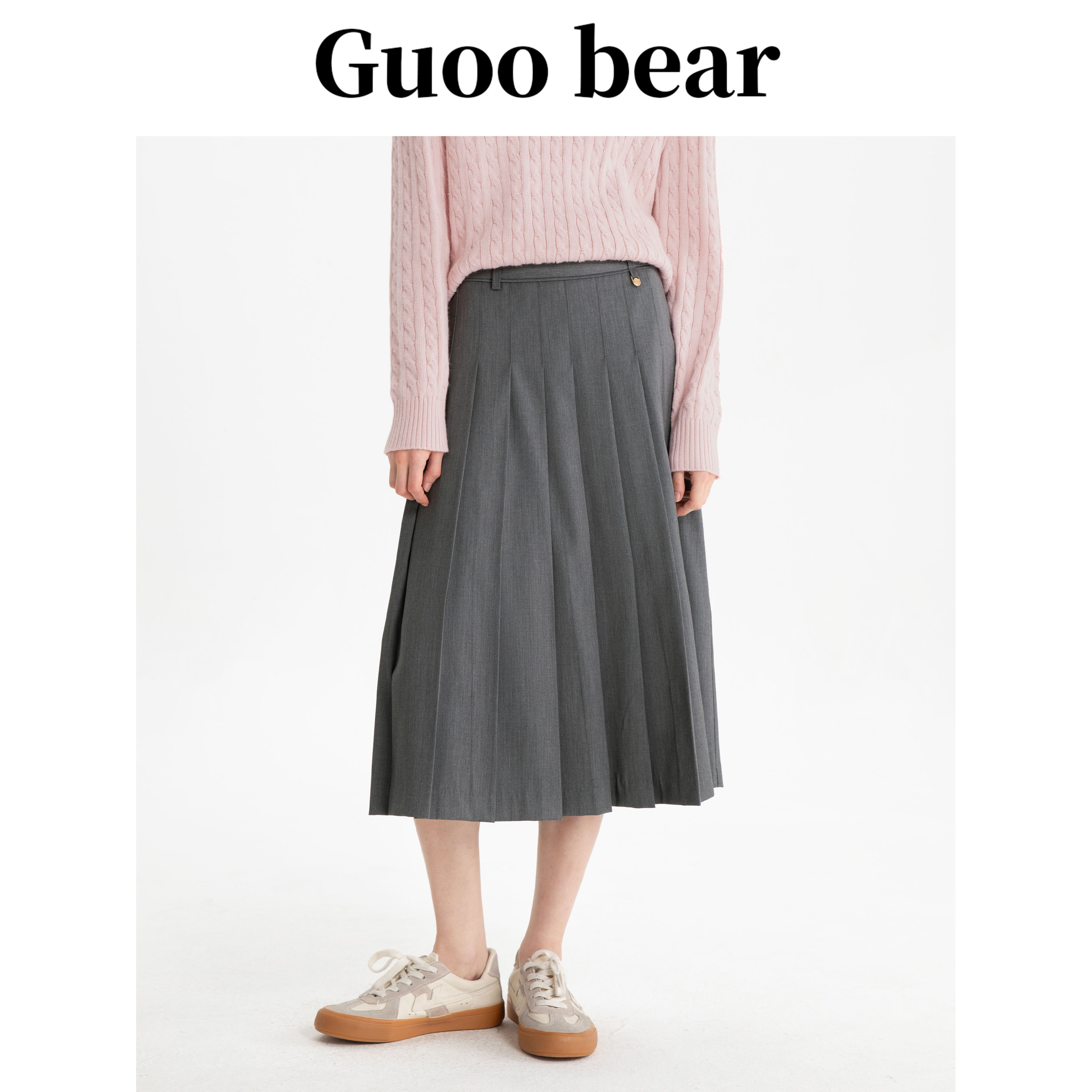 Guoobear古家小熊复古学院风百褶长裙女2026早秋高腰休闲西装半裙