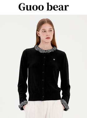GUOOBEAR古家小熊2025秋百搭花边圆领外套上衣黑色拼接针织开衫女