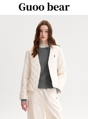 GUOOBEAR古家小熊2025年秋冬白鸭绒菱格内胆羽绒服女V领短款打底