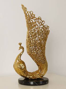 法式复古奢华全铜孔雀装饰花瓶欧式轻奢别墅客厅餐厅大气中古摆件