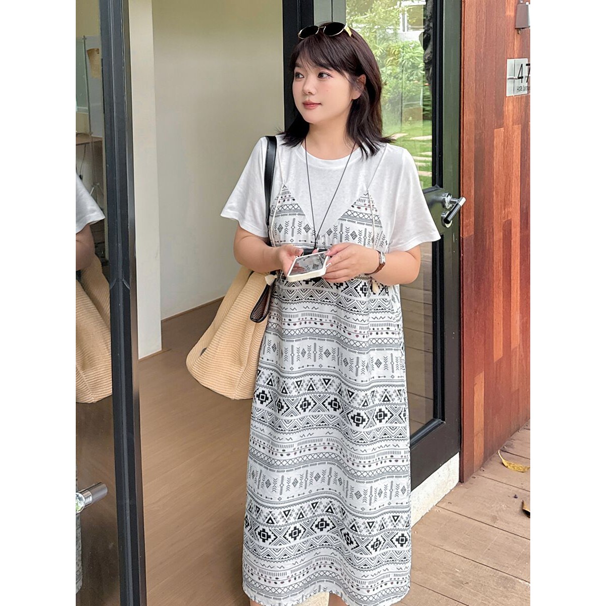 韩国工艺大码女装波西米亚风假两件连衣裙2025夏新款宽松中长裙26