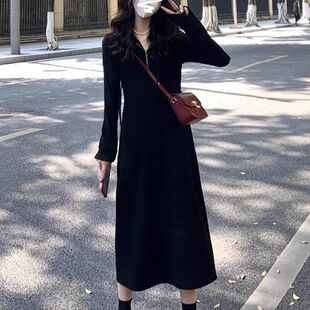 冬季新款女装针织垂感长裙法式黑色连帽长袖卫衣连衣裙子高级感