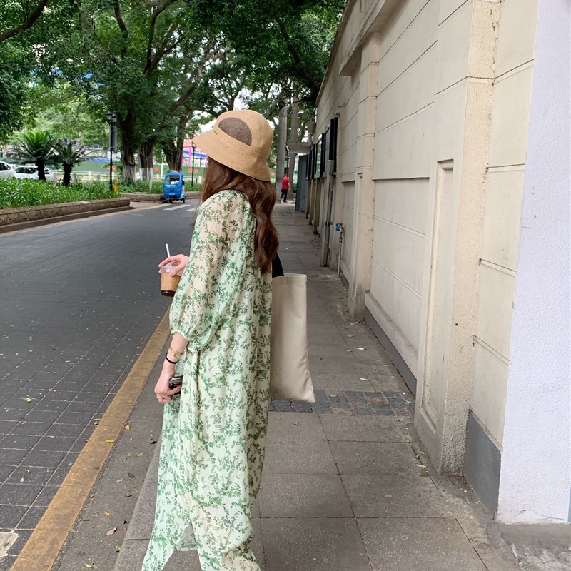 高端孕妇连衣裙夏季法式慵懒风V领绿色碎花裙七分袖衬Z衫裙子甜美