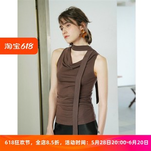 设计感优雅飘带荡领一字肩收腰修身 露锁骨上衣 显瘦无K袖 T恤女夏款