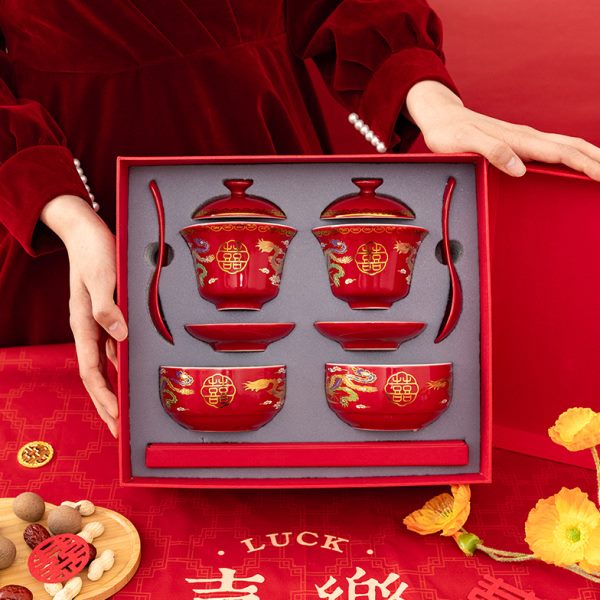 改婚礼敬茶杯色结婚茶具敬酒陪嫁套装喜碗大全用品筷口红杯子一对