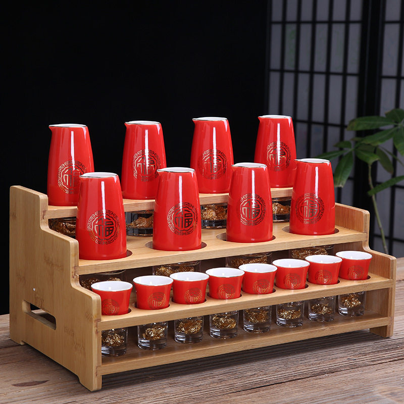 高档金箔陶瓷酒具套装红色小酒壶分酒器家用白酒杯烈酒杯带收纳架