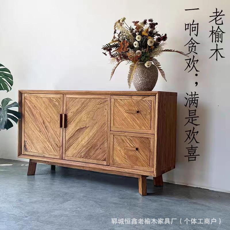 美式乡村复古做旧实木餐边柜客厅原木玄关柜设计师储物柜收纳柜子