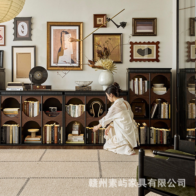 环梦法式复古实木客厅半墙组合书柜电视柜中古一体落地置物矮书架