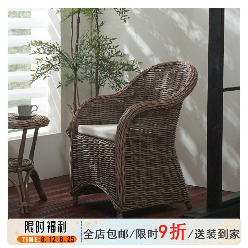 印尼天然藤椅真藤靠背椅阳台休闲椅复古藤编餐椅扶手椅单椅沙发椅