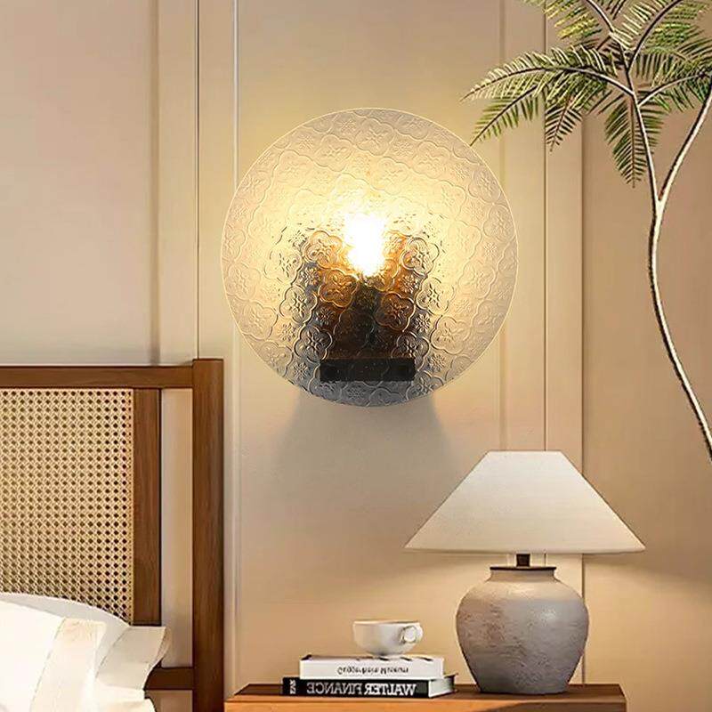 复古原木风圆形玻璃壁灯卧室床头房间装饰画创意个性艺术床头柜灯