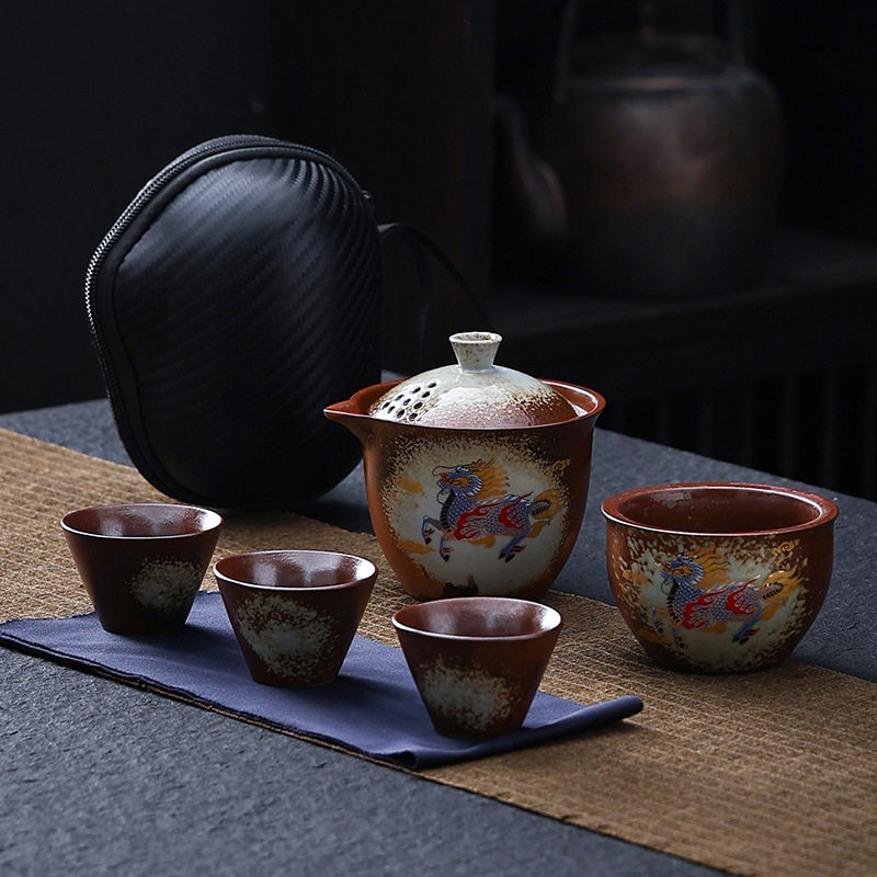 仿柴烧窑变旅行茶具一壶四杯便携快客杯露营小型手抓壶盖碗泡茶壶
