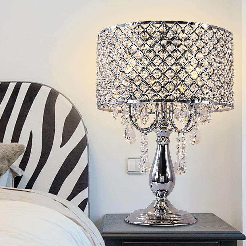 欧式轻奢圆形水晶台灯简约餐厅客厅装饰铁艺灯创意卧室床头柜灯具