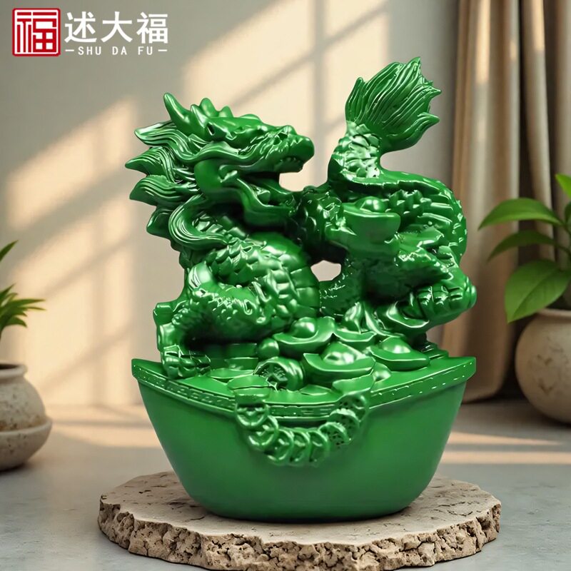 绿色木质青龙摆件十二生肖木头木制飞龙家居补角电视柜装饰工艺品
