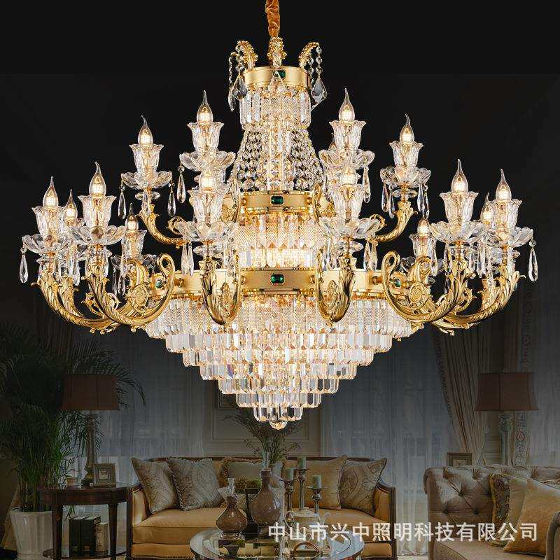 欧式全铜客厅吊灯法式轻奢卧室书房灯饰别墅复式中空大厅水晶灯