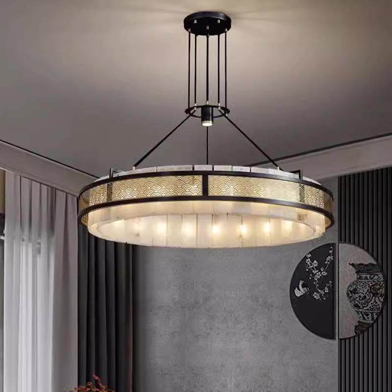 新中式全铜云石吊灯客厅灯别墅复式楼卧室餐厅灯复古大气高档灯具