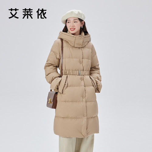 艾莱依简约中长款连帽羽绒服