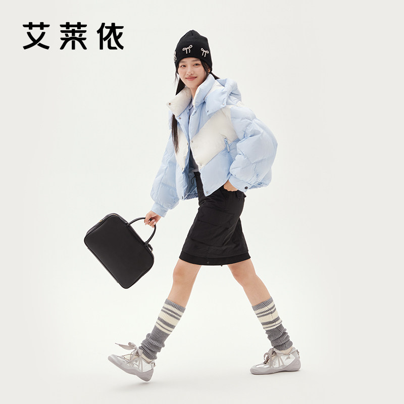 艾莱依短款羽绒服女2025冬新款运动休闲时尚小个子撞色连帽外套