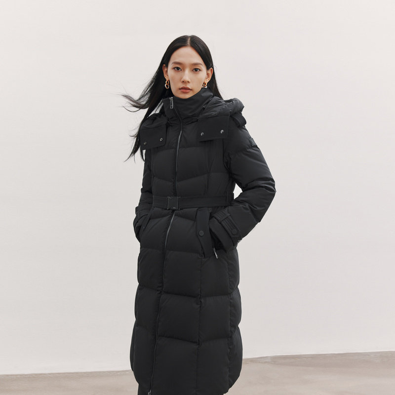 艾莱依中长款泡芙羽绒服女士冬季新款时尚系带收腰连帽通勤外套