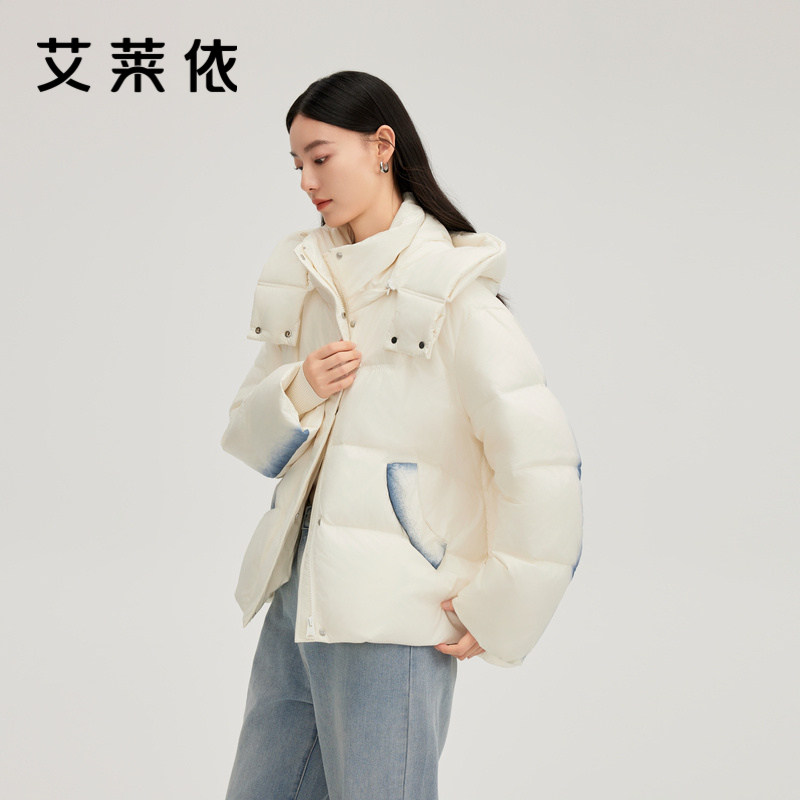 艾莱依渐变拼接简约短款羽绒服女冬季新款时尚设计感连帽保暖外套,女装/女士精品,羽绒服,淘宝优惠券,粉丝福利购,淘宝优惠卷