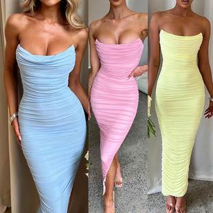 dress for women 2023solid elegant ruched pleated skirt color