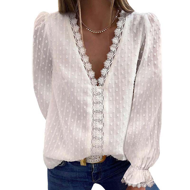 New V-Neck Lace Long-Sleeve Chiffon Shirt V领蕾丝长袖雪纺衫