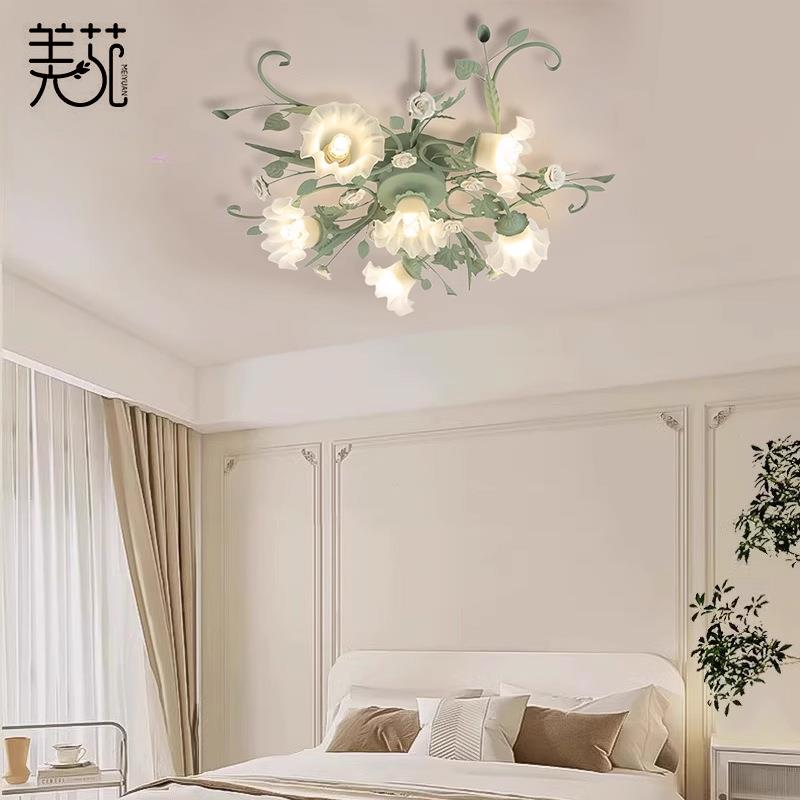 佳苑蓝色田园风格吸顶灯玫瑰花铁艺复古房间卧室灯温馨浪漫花草灯
