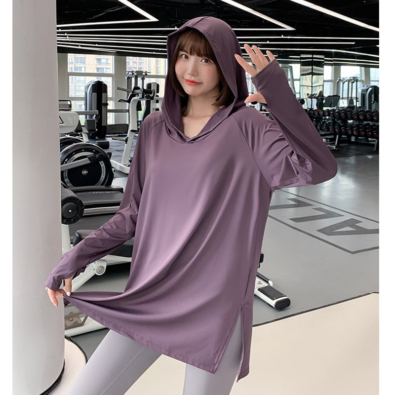 孕妇瑜伽上衣春秋运动速干uT恤女宽松长袖连帽罩衫跑步训练健身服
